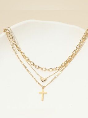 18K Gold Dipped Cross Pendant Heart Charm Accent Mixed Chain Layered Necklace